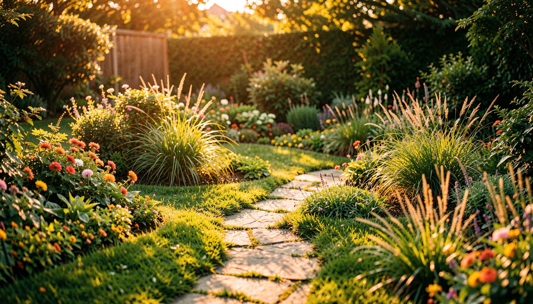 A lush green backyard garden with layered flower beds, ornamental grasses, and a winding stone path in warm afternoon sunlight