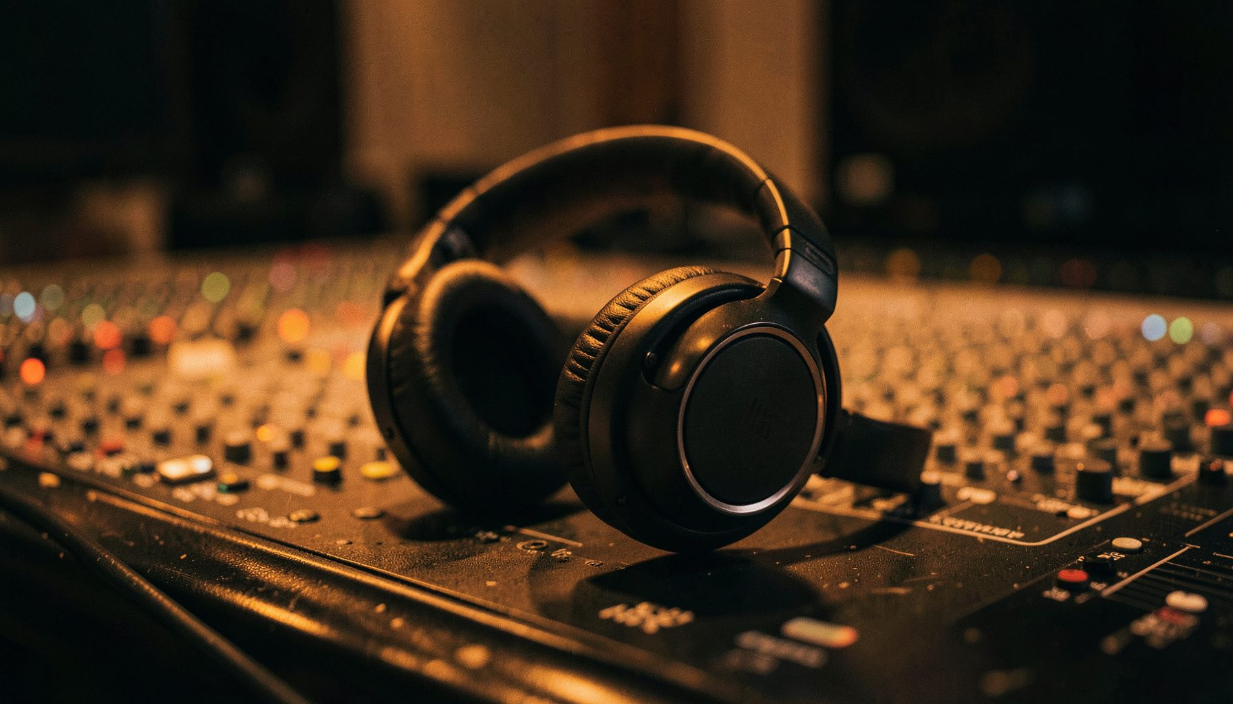 A pair of professional over-ear studio headphones resting on a mixing console in a dimly lit recording studio, warm amber and deep charcoal tones